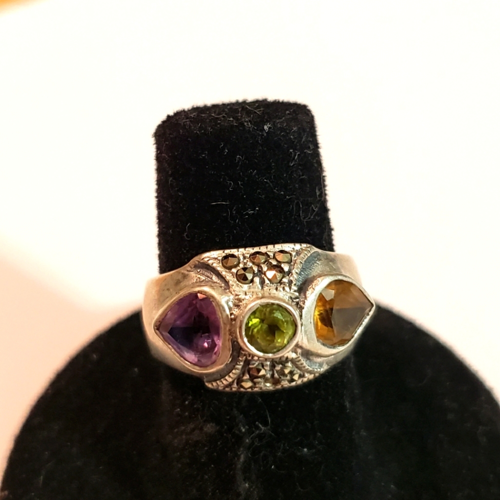 Vintage Circle Peridot Stone Leaf Amethyst and Citrine 925 Silver Size 6 Ring